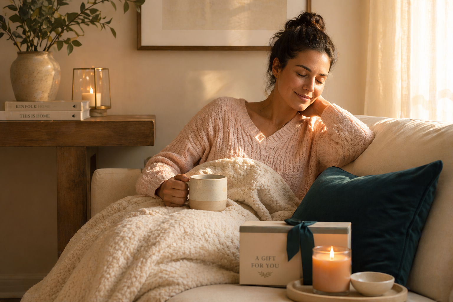Self care gifts for nurses, nurse relaxing at home after a long shift with warm recovery items nearby